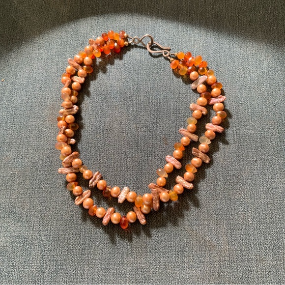 Amber Agate Biwa Pearl Sterling Double Layered Choker Necklace OOAK Handmade - Picture 5 of 16